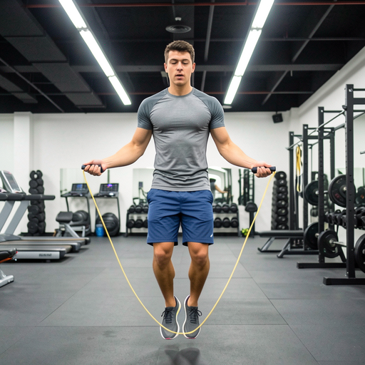 man with yellow jump rope in professional gym