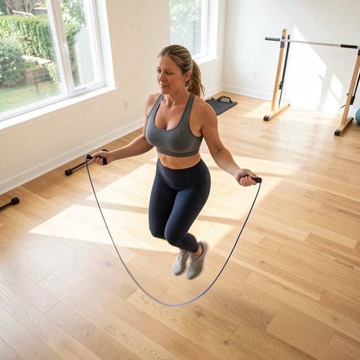 woman jumping rope in home gym vigorously